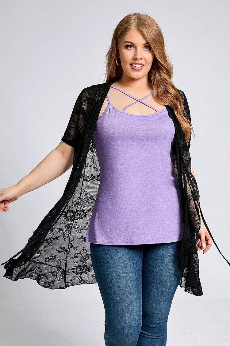 Flycurvy Plus Size Casual Black Lace Cross Strap Ruffle Round Neck Short Sleeve Two Piece Set Casual Blouses  flycurvy [product_label]