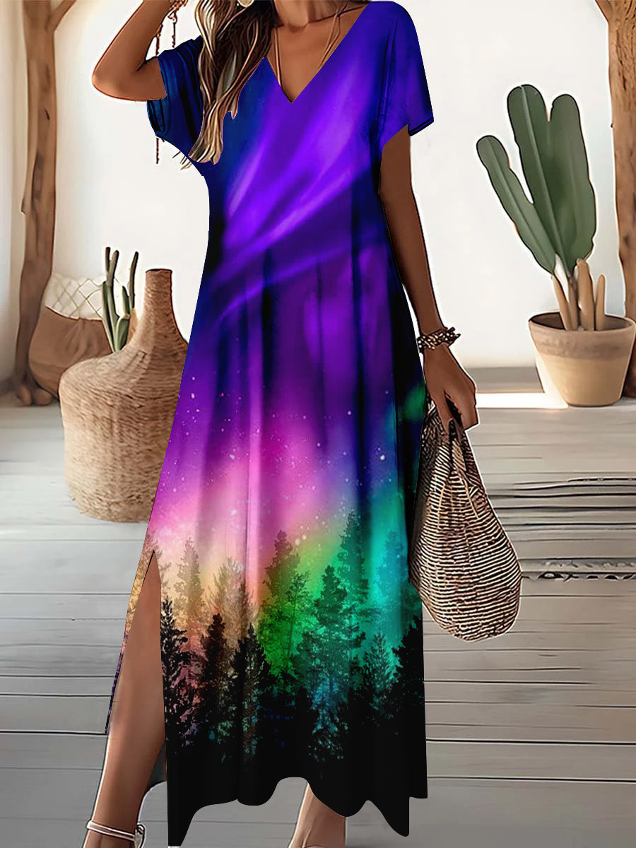 Women's V-neck Arctic Forest Art Print Cotton and Linen Pocket Dress
