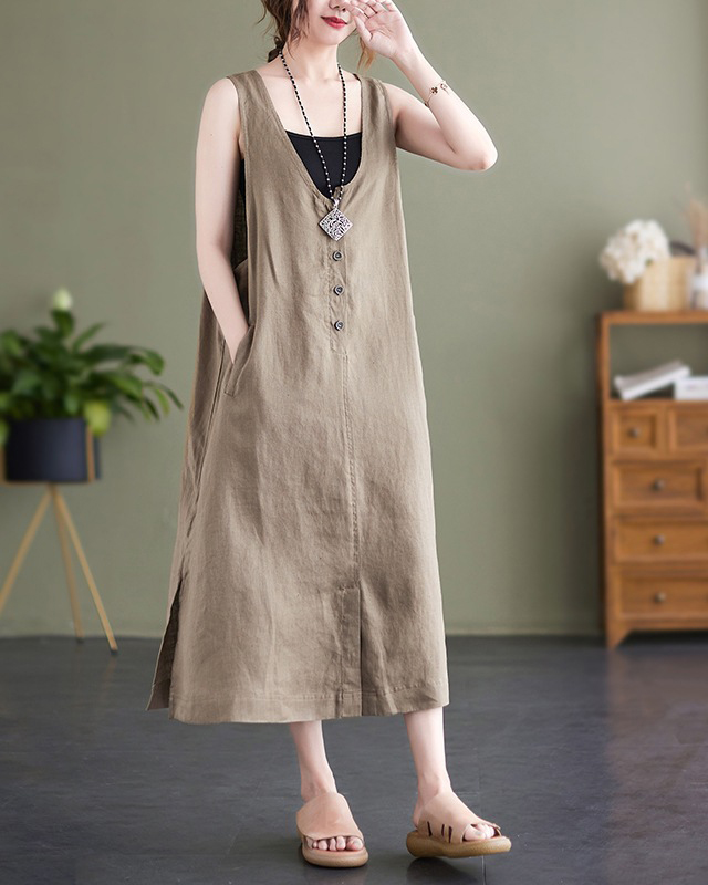 V Neck Sleeveless Button A-Line Linen Midi Dress
