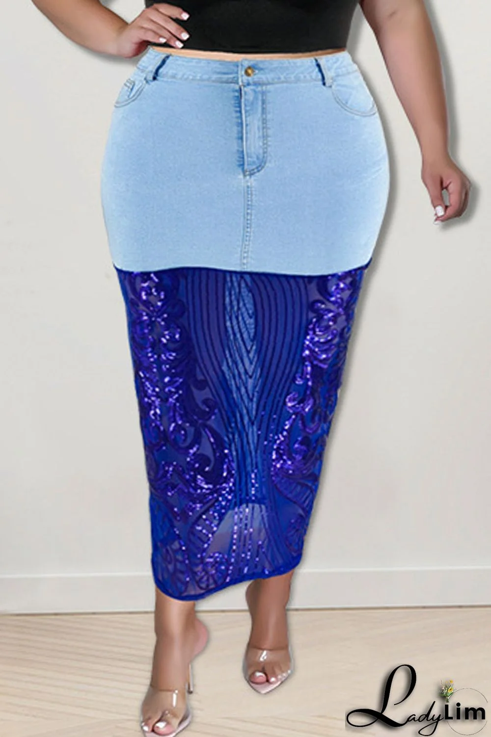 Deep Blue Sexy Solid Embroidered Sequins Patchwork High Waist Denim Skirts