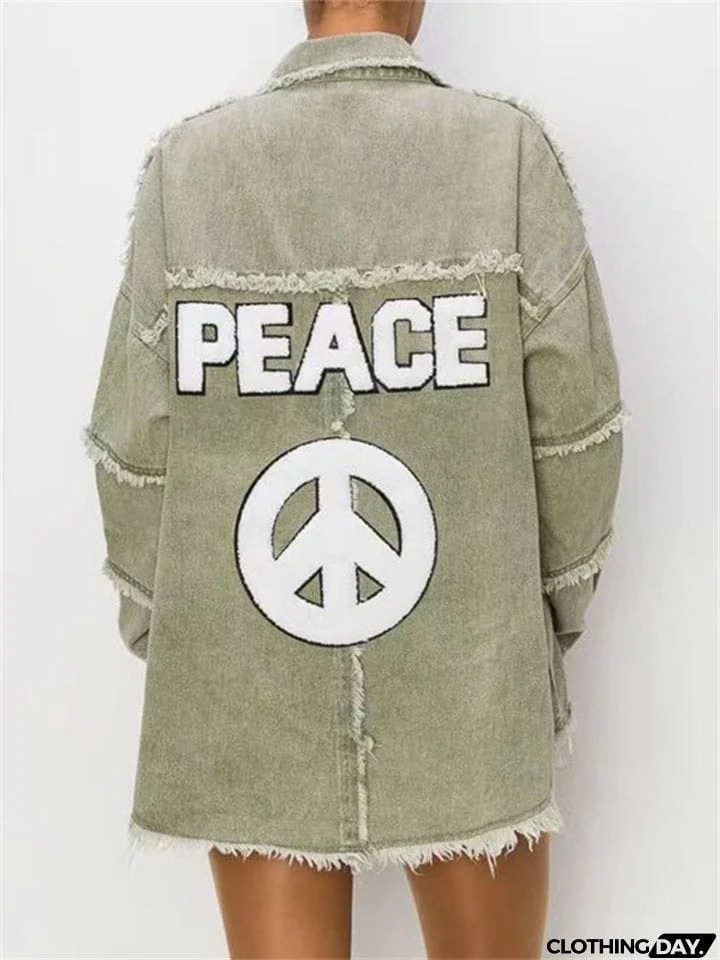 Women's Super Cool Peace Raw Edge Lapel Button Denim Coat
