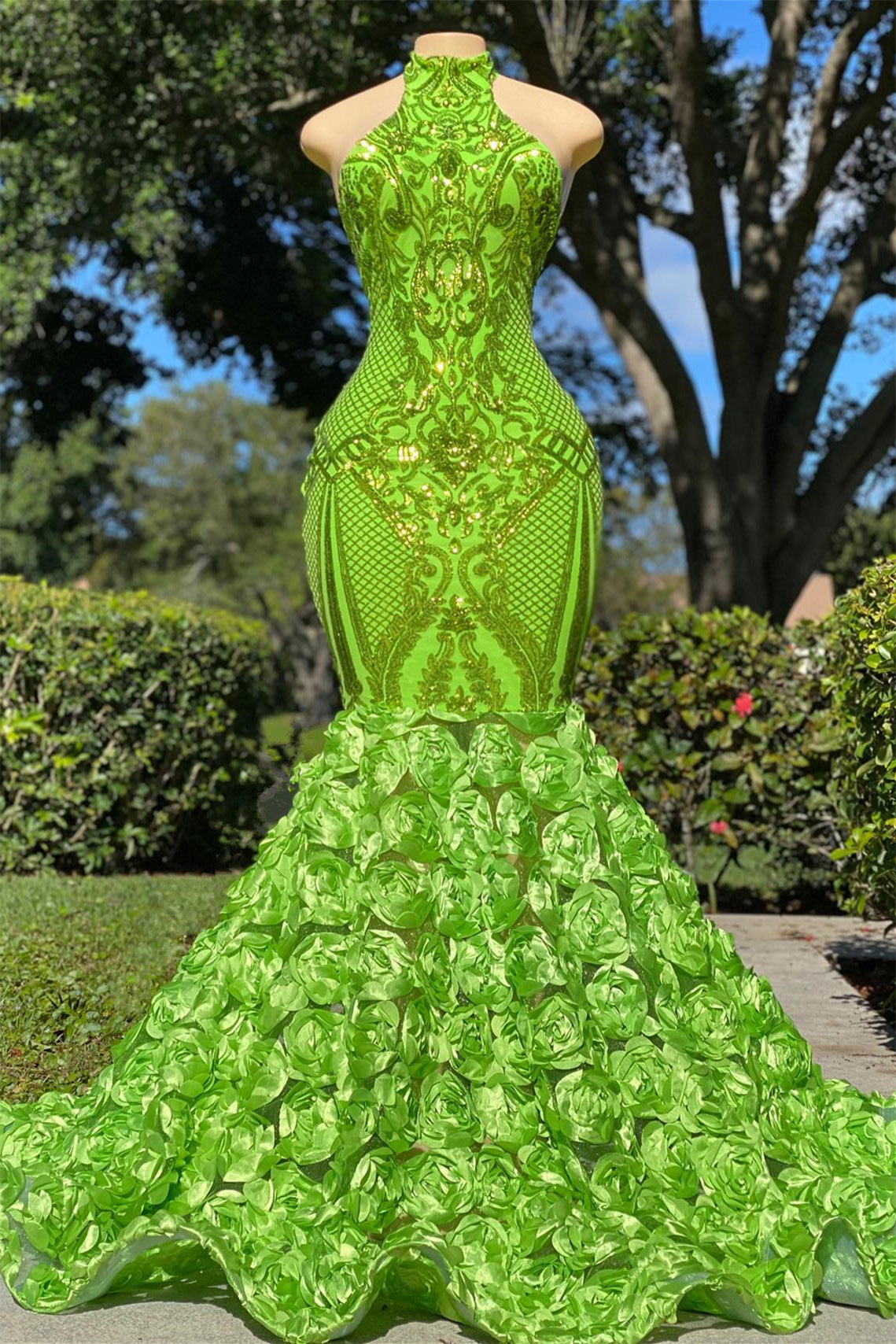 Fabulous High Neck Sleeveless Prom Dress Mermaid Green With Rose Bottom Sequins - lulusllly