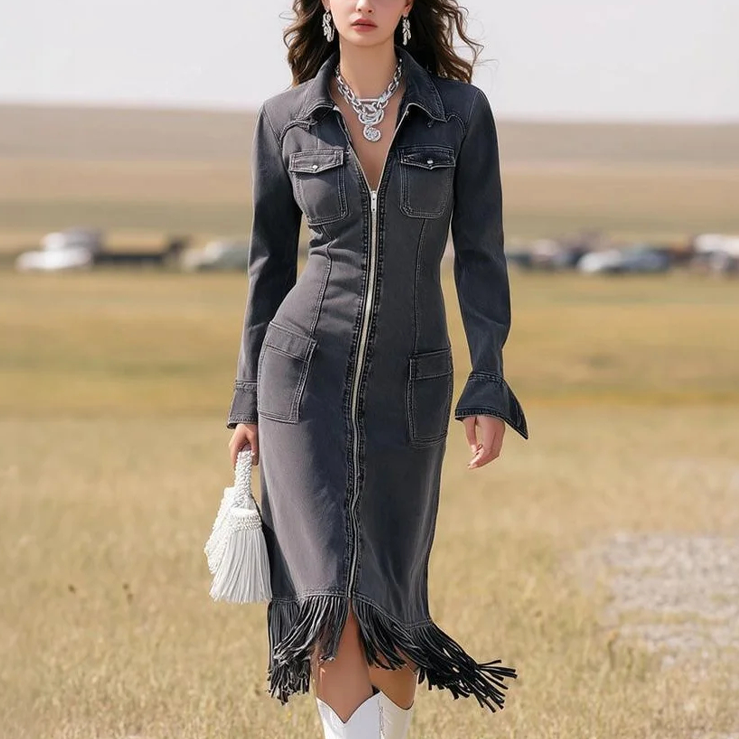 Women's Vintage Elegant Denim Tassel Dress With White Boots