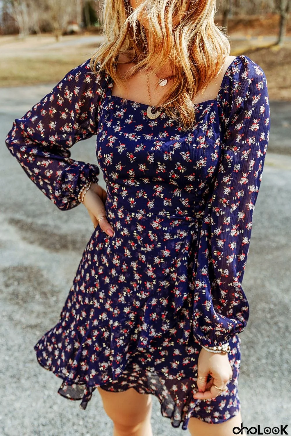 Printed Square Neck Ruffled Dress
