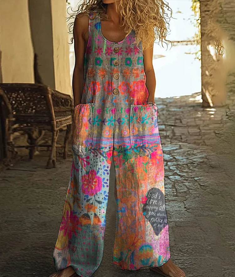 Vintage Floral Heart Pattern Art Print Casual Wide-leg Jumpsuit