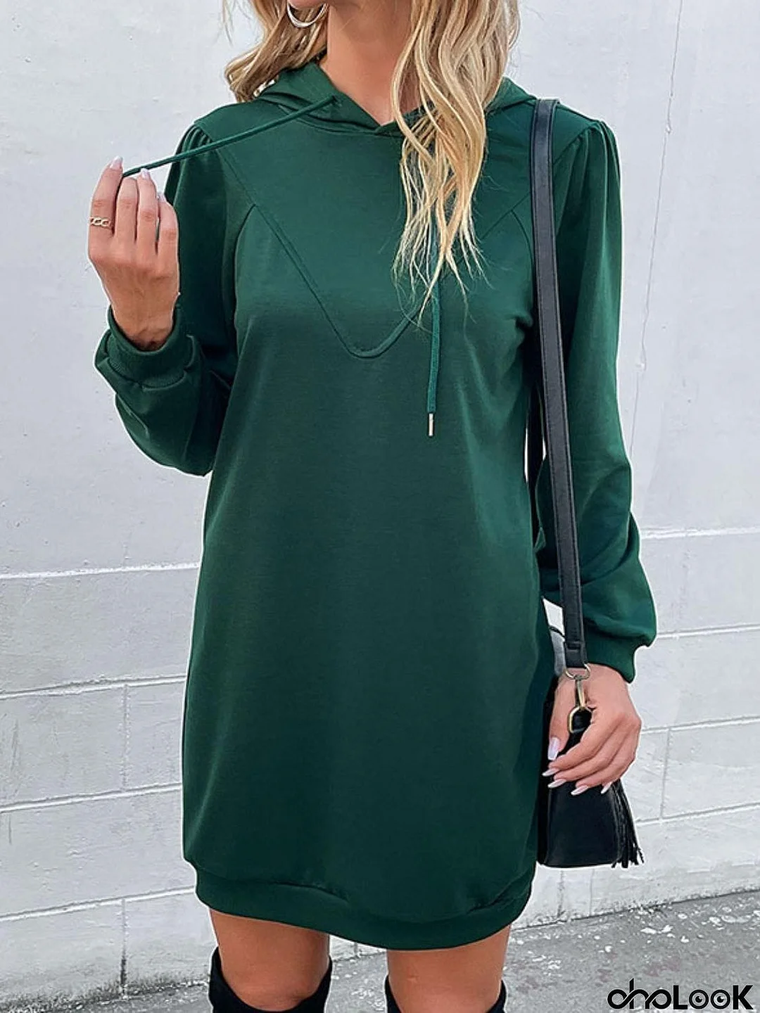 Drawstring Puff Sleeve Hooded Dress