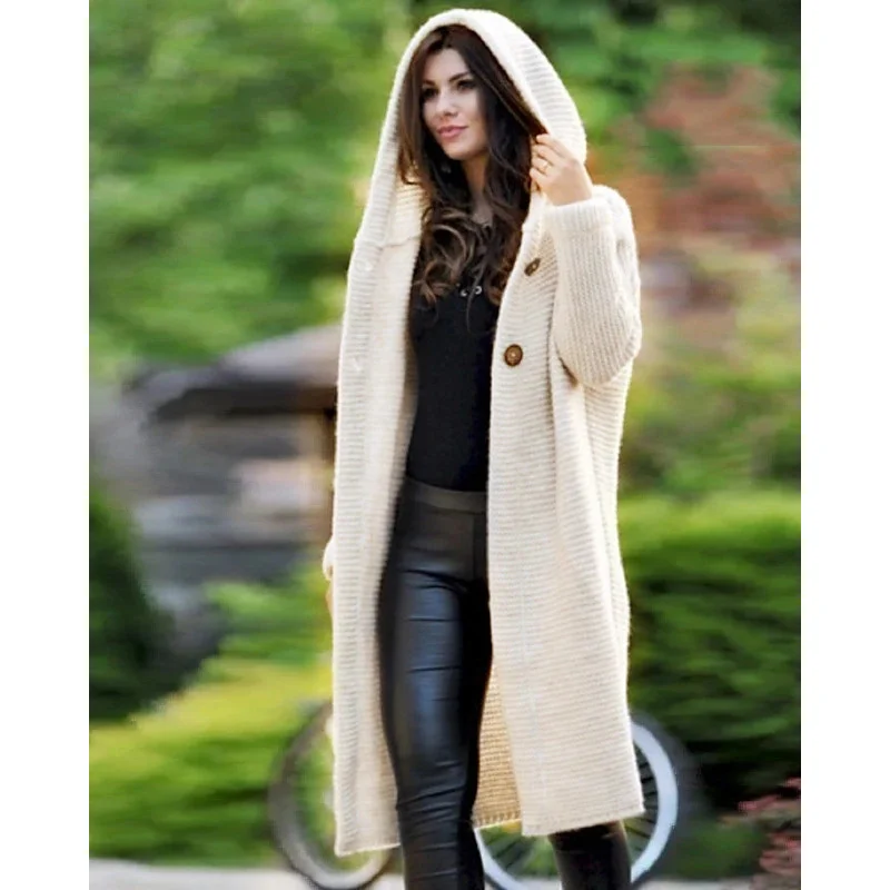 Uveng Uveng Fashion Autumn And Winter Knit With Hat Cardigan A Row Of Buttons Long Coat Trench Coat Women's Sweater Women's Clothing