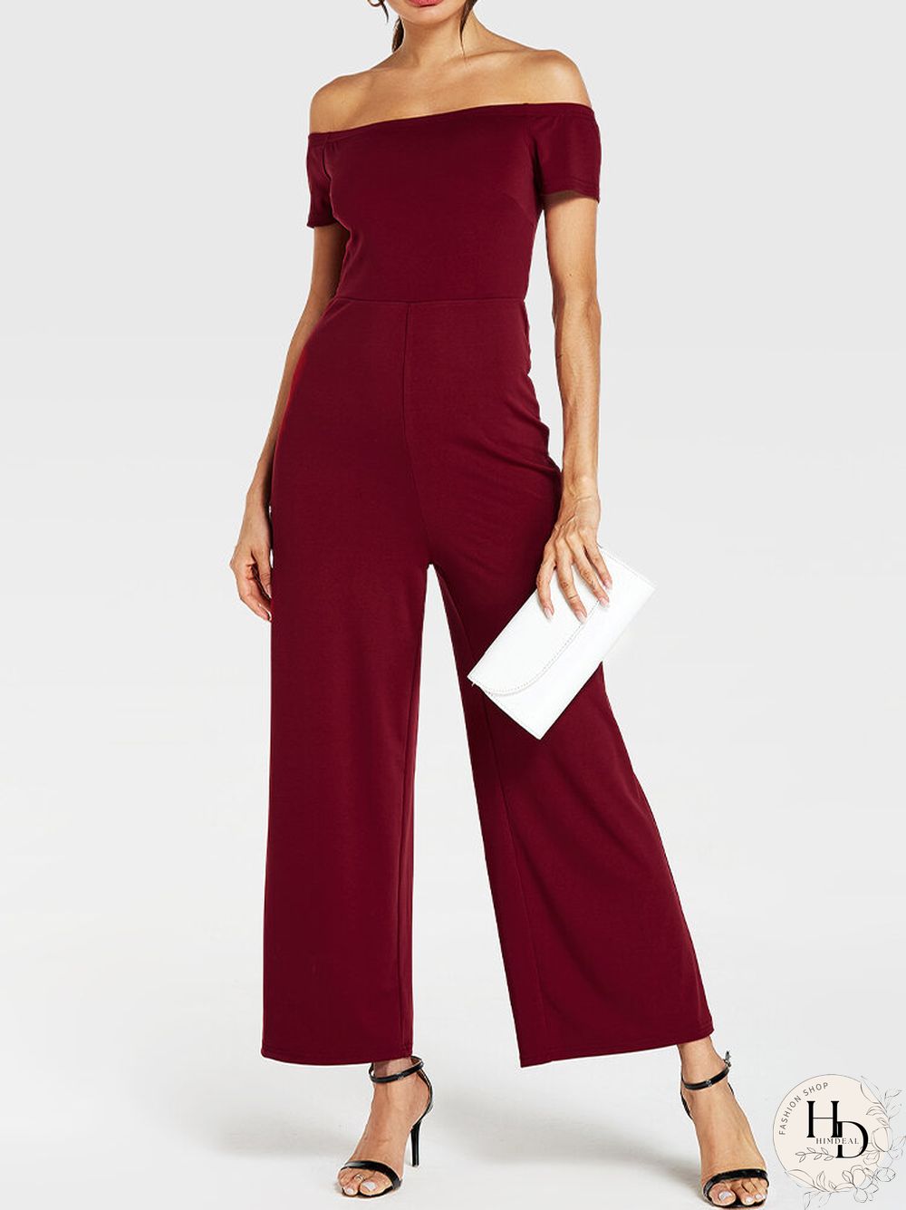 Solid Color Plain Off-shoulder Slash Neck Long Casual Jumpsuit for Women