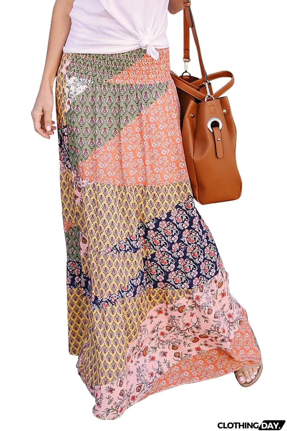 Boho Print Tie-Up Waist Long Maxi Skirt