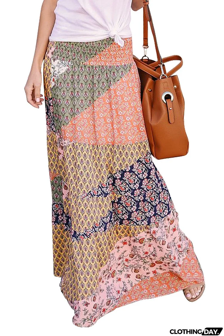 Boho Print Tie-Up Waist Long Maxi Skirt