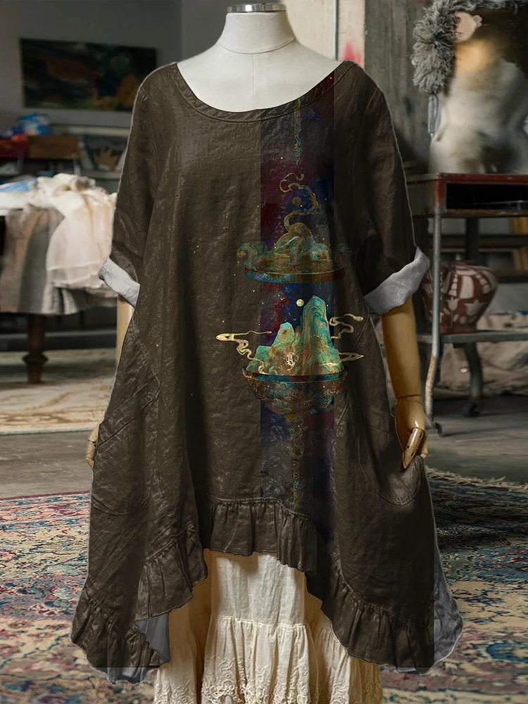 Oriental Mountain Ridge Art Printed Women's Pocket Cotton Dress