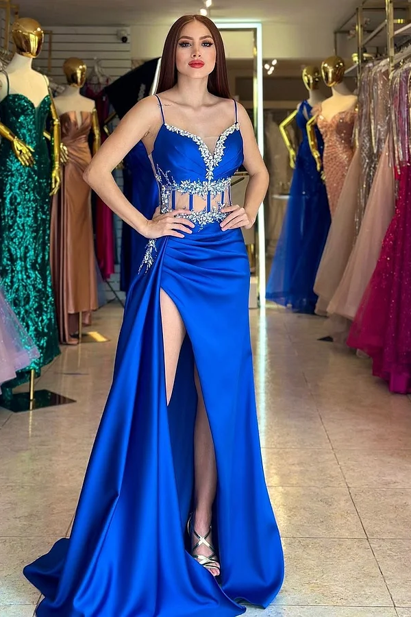 Daisda Royal Blue Sleeveless Spaghetti Straps Mermaid Beads Prom Dress