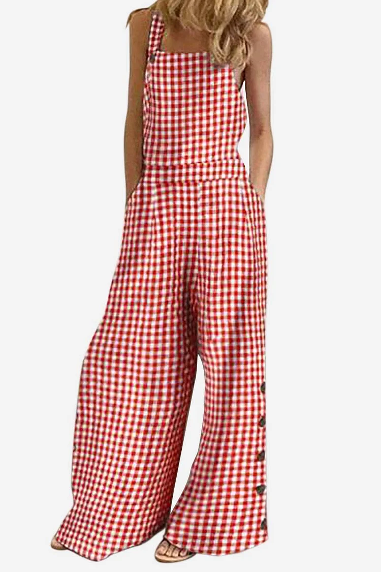 Linen Plaid Square Neck Sleeveless Button Up Decor Wide Leg Casual Jumpsuit