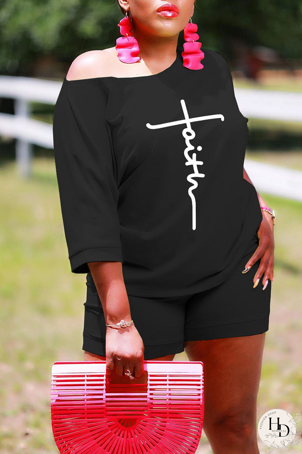 Tangerine Red Casual Print Patchwork O Neck Short Sleeve Two Pieces