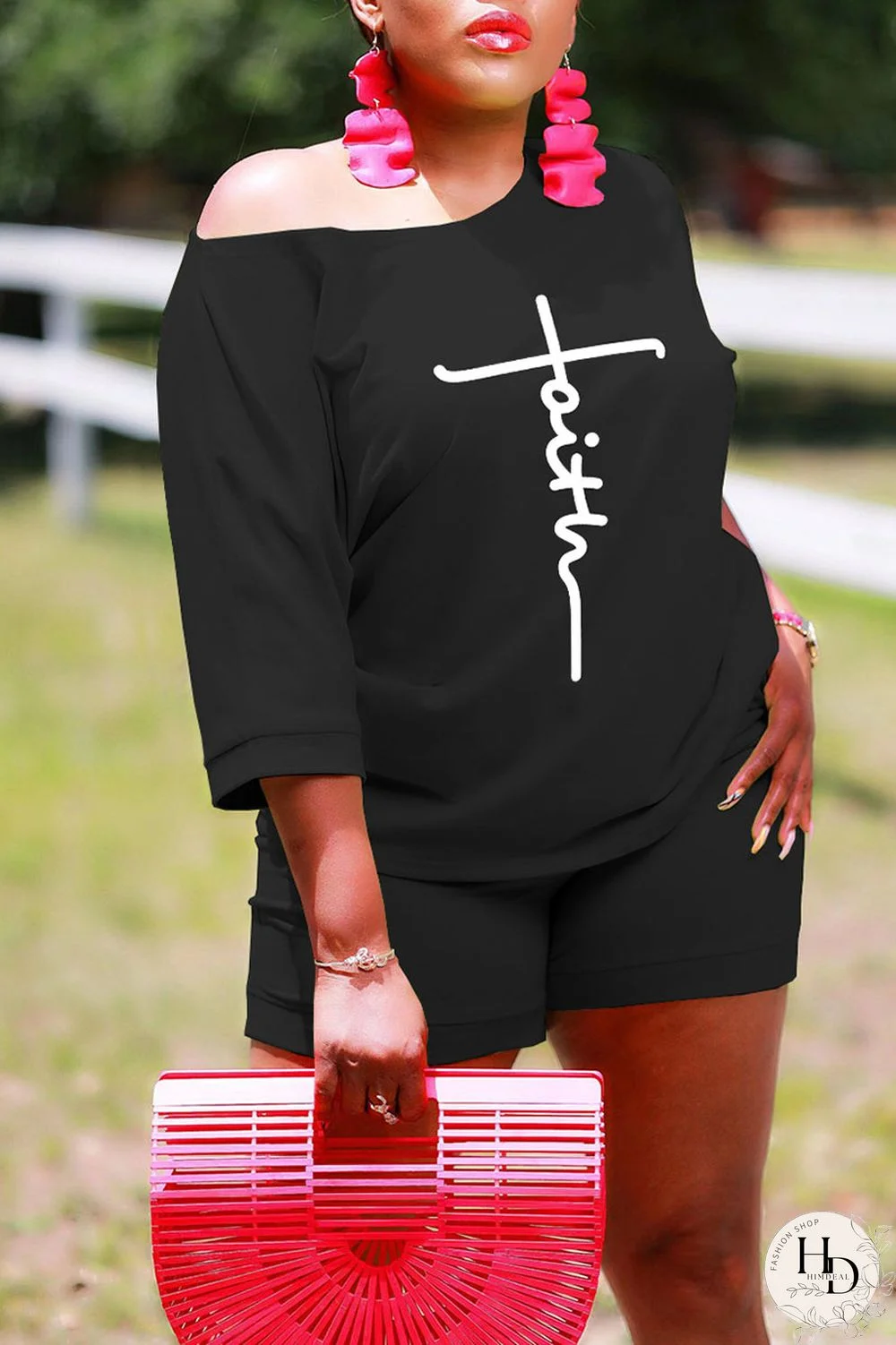 Tangerine Red Casual Print Patchwork O Neck Short Sleeve Two Pieces