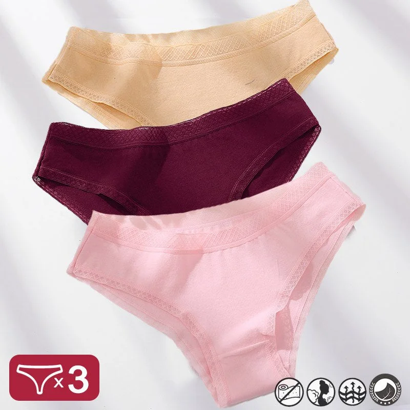 3PCS/Set Mesh Waistband Cotton Panties Women's Briefs Underwear Sexy Lingerie Panties Female Underpants Solid Color Girls Pantys