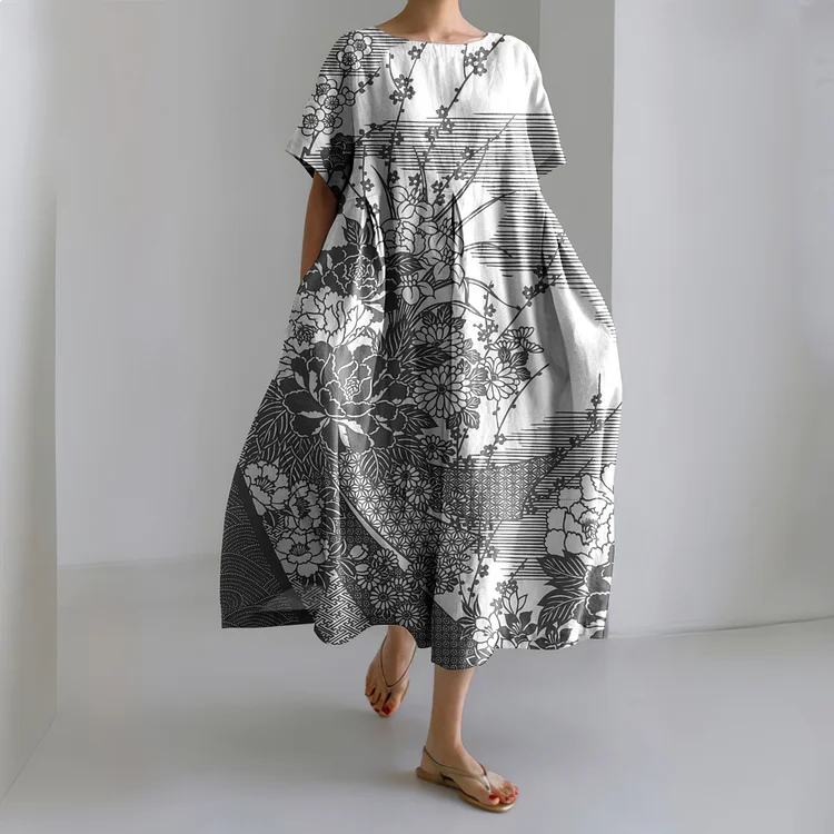 Japanese Art Flower Print Short Sleeve Midi Dress