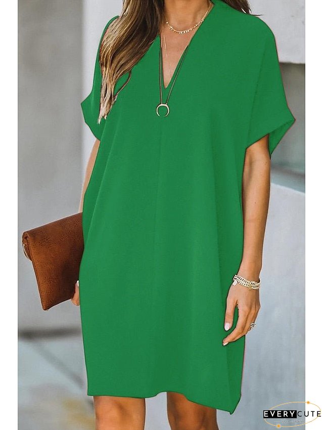 Casual Dress Midi Black White Yellow Short Sleeve Pure Color Summer Spring Neck Hot XXL