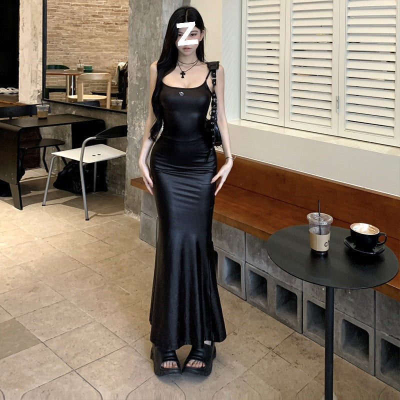Aiertu prom dresses Internet Celebrity Sexy Suspender Dress Tight Liquid Coated Fishtail Elastic Sheath Dress Tide aiertu