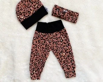 pornhint Pornhint Premie-Newborn Size Leopard Pants, Hat + Headband Set - Rust Animal Print - Rose Gold Shimmer Accents - Grow-With-Me Baby - Baby Girl Gift