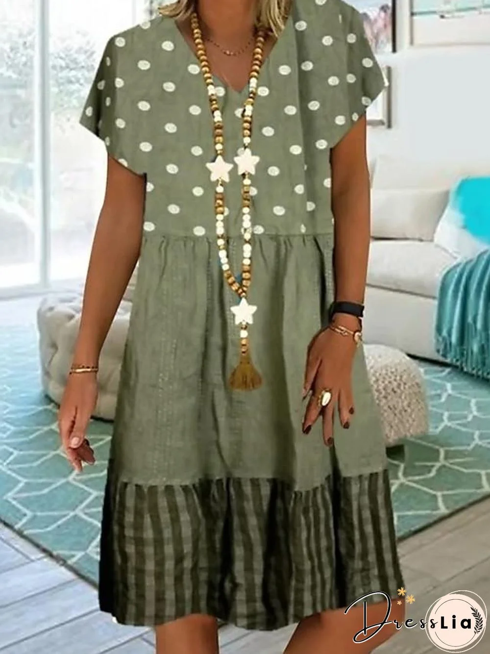 Women's Knee Length Dress - Short Sleeve Polka Dot Print Summer Plus Size Hot Casual Blue Khaki Green M L XL XXL 3XL 4XL 5XL