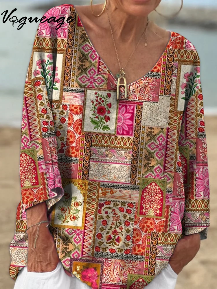 Gentle And Elegant Floral Plant Lattice Stitching 3/4 Sleeves Printed Cotton And Linen Shirt