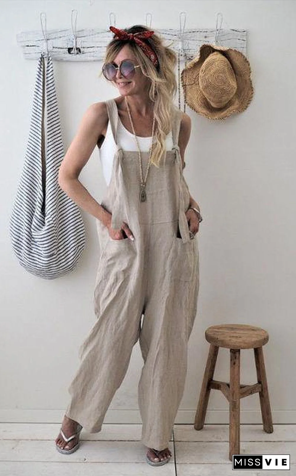 Female Casual Loose Cotton Long Jumpsuit