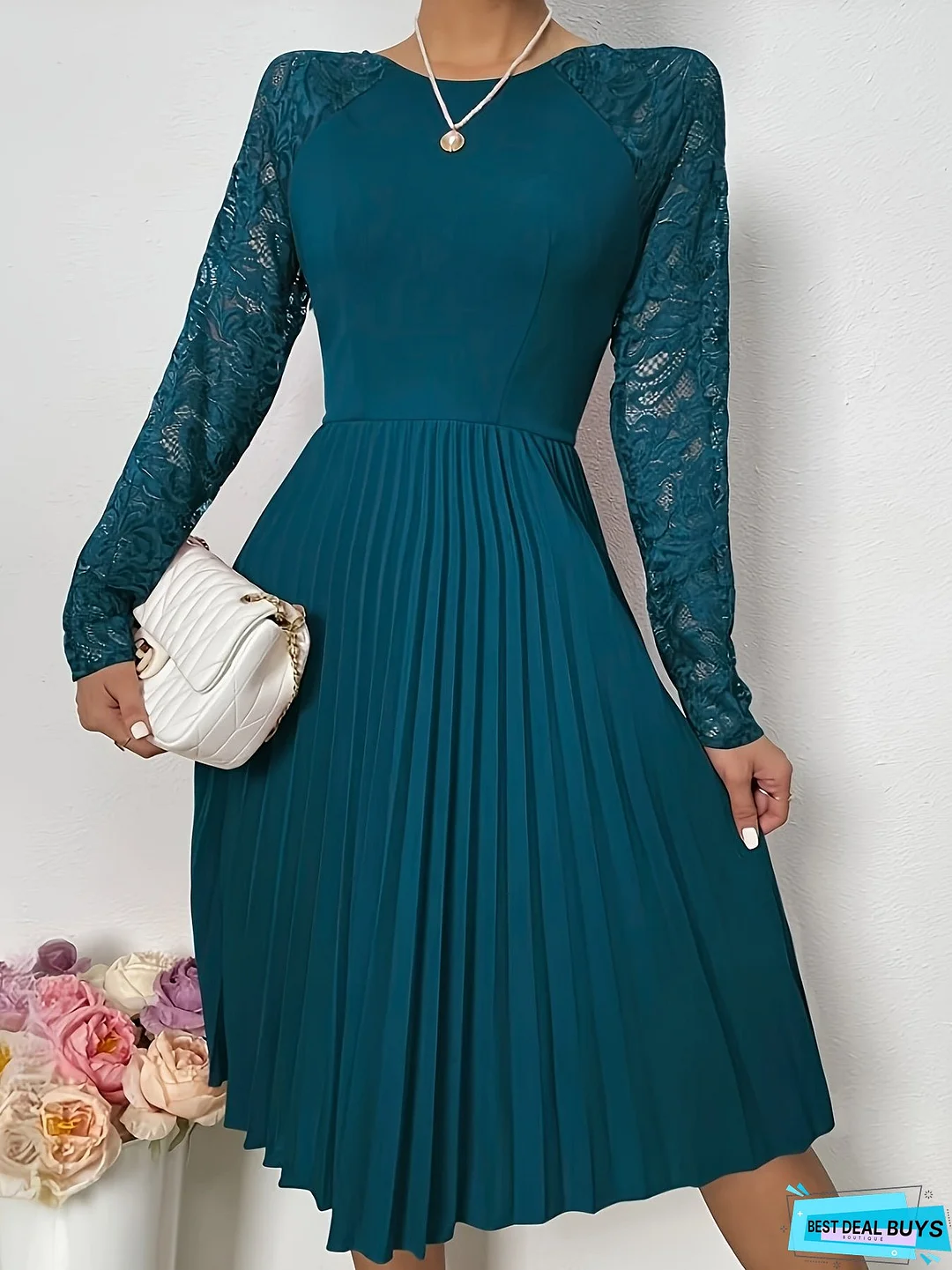 Lace Long Sleeve Pleat Dress, Elegant Crew Neck Flare Dress, Women's Clothing