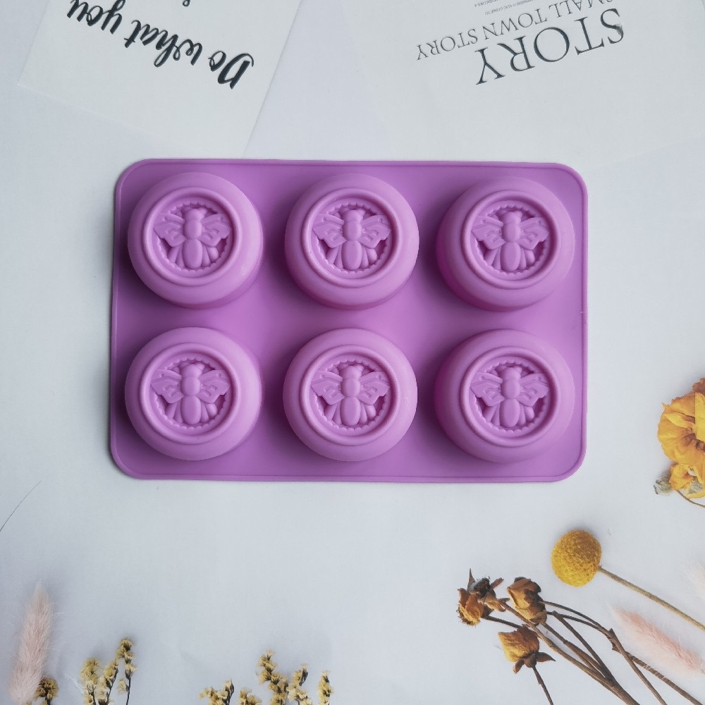 6 Holes Round Bees Pattern Silicone Soap Molds DIY Handmade Aromath Soaps Scented Candle Chocolate Mousse Making Mould