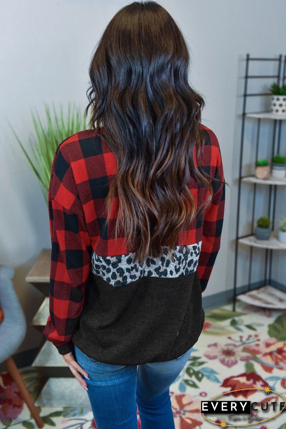 Red Plaid Leopard Print Splicing Sweatshirt