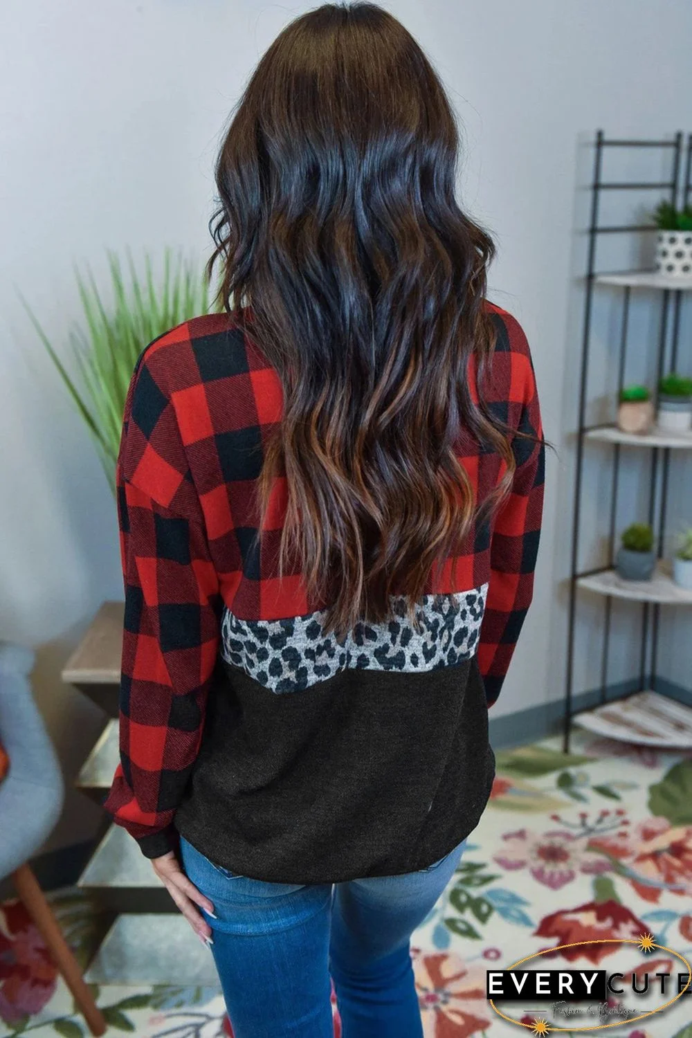 Red Plaid Leopard Print Splicing Sweatshirt