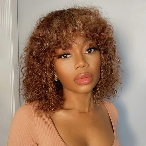 Light Brown Brazilian Remy Curly Hair Wig With Bangs Glueless Wigs