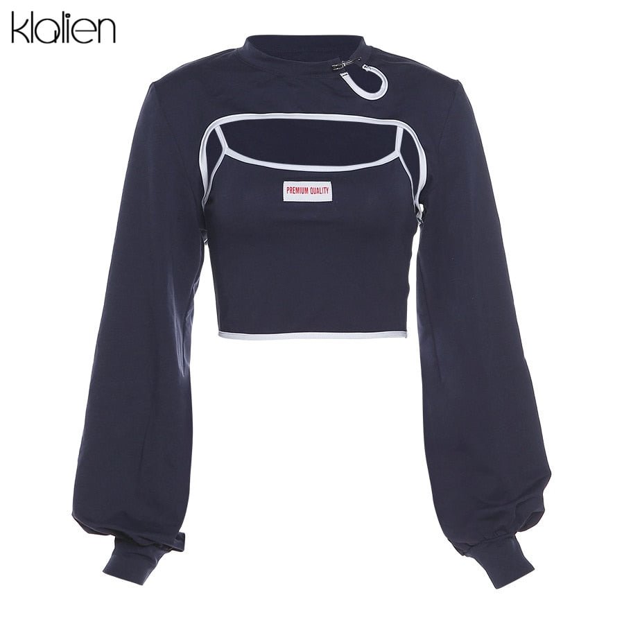 KLALIEN Women Casual Streetwear Long Sleeve Top with Camisole Two Piece T Shirt Autumn New Office Lady Slim Stretch Cotton Tee