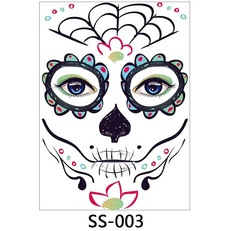 Halloween Temporary Face Tattoos, 1 Sheets Floral Day of the Dead Sugar Skull Face Tattoo Kit Halloween Tattoos