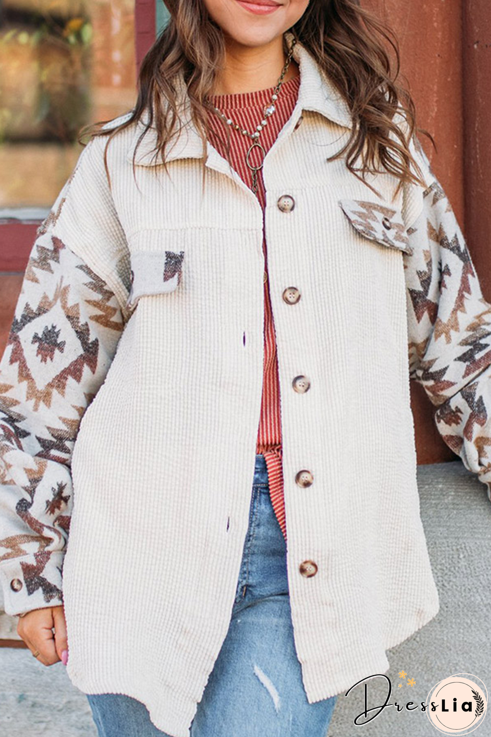 Casual Print Split Joint Turndown Collar Tops