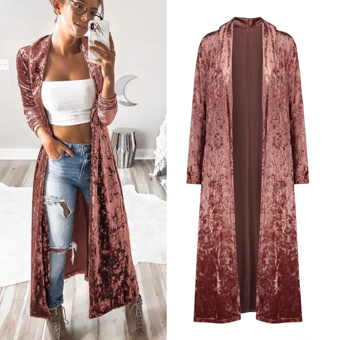 Long Sleeve Velvet Windbreaker Cardigan Coat-Hoverseek