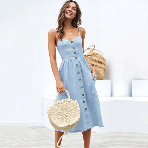 2020Women Summer Dress Backless Polka Dot Sleeveless Beach Button Casual Yellow Sundress Plus Size XXXL Dress For Women Vestidos