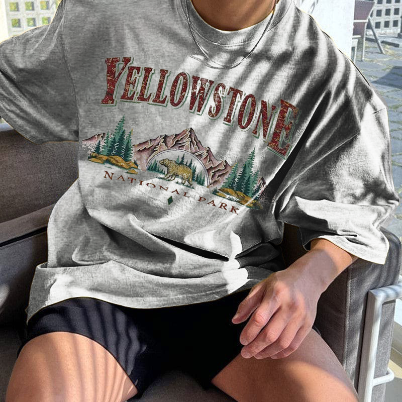 Men's Vintage Yellowstone Print Oversized T-Shirt、、URBENIE