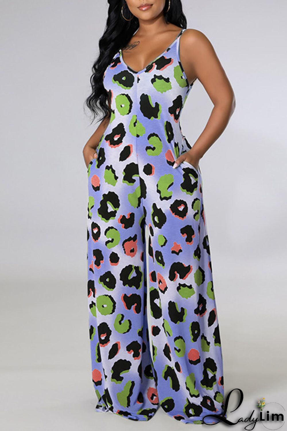 Blue Casual Print Split Joint Spaghetti Strap Straight Jumpsuits