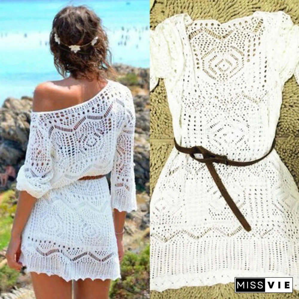 Fashion Womens White Summer Boho Sexy Lace Hollow Knit Bikini Swimwear Cover Up Crochet Beach Mini Dress Tops Blouse