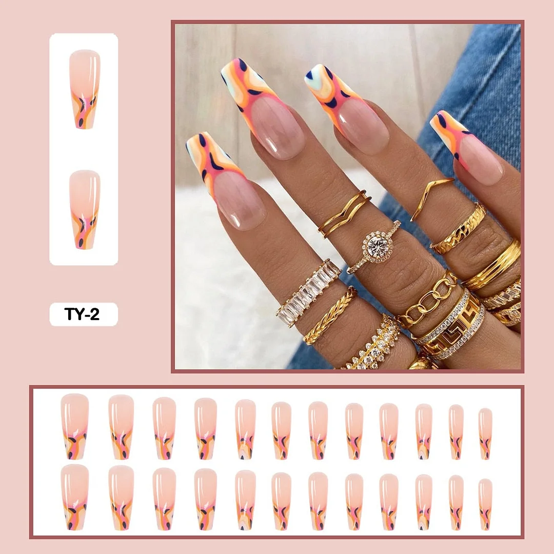 24pcs/box Long Trapezoid Fake Nails Geometric Simplicity Personality Graffiti Animal Pattern Nail Art Nails Press on With Glue-Nail Inspo