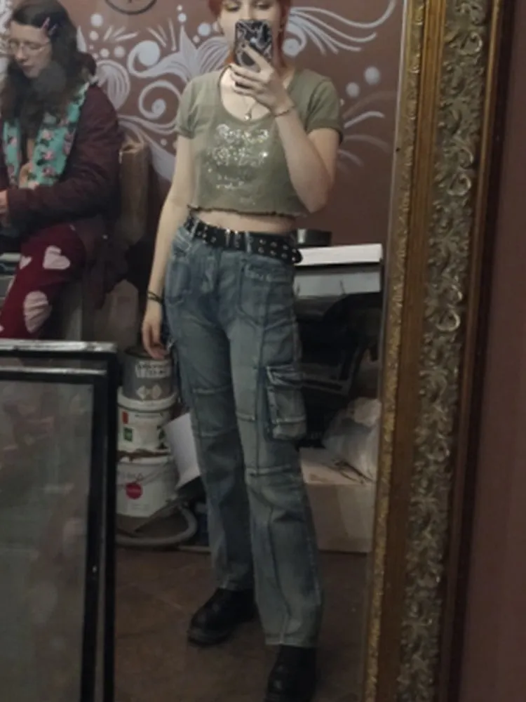 Rapcopter Vintage Jeans High Waisted Pockets Trousers Baggy Casual Fashion Denim Cargo Pants Women Straight Hot Korean Jeans 90s