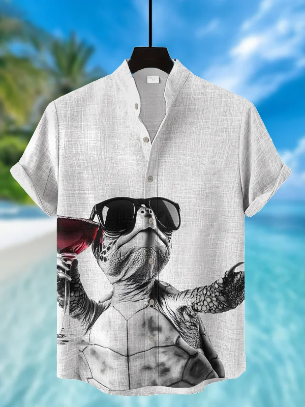 Men's Cool Turtle Red Wine Print Short Sleeve Shirt