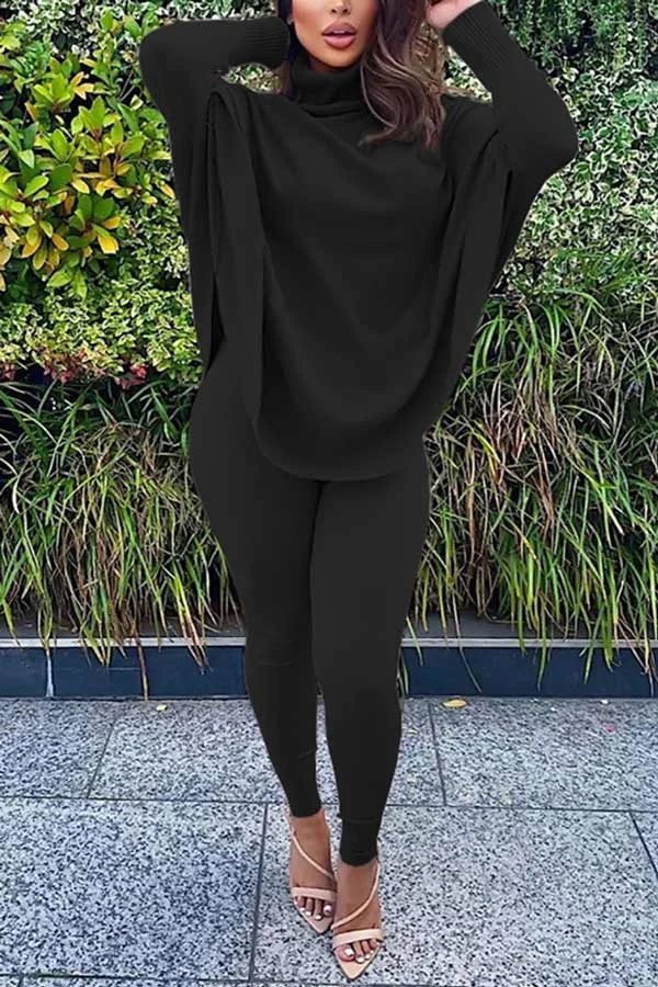 Casual Solid Turtleneck Batwing Sleeve Two Piece
