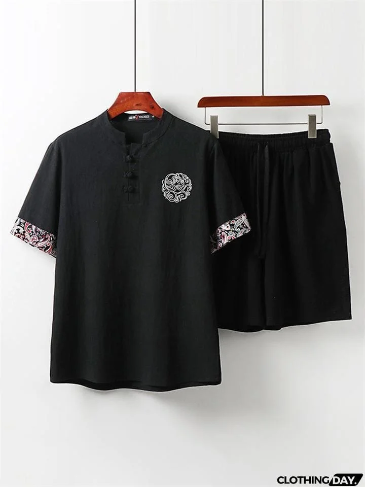 Mens Vintage Loose Linen Casual Short Sleeve T-Shirts+Shorts