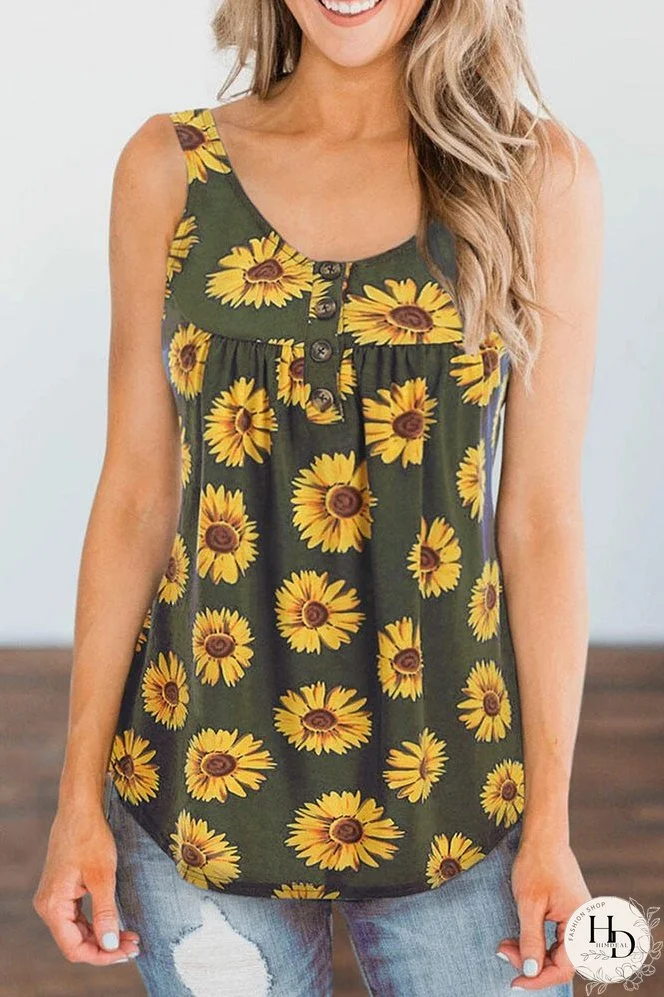 Army Green Sunflower Printed Loose Vest Tank Top