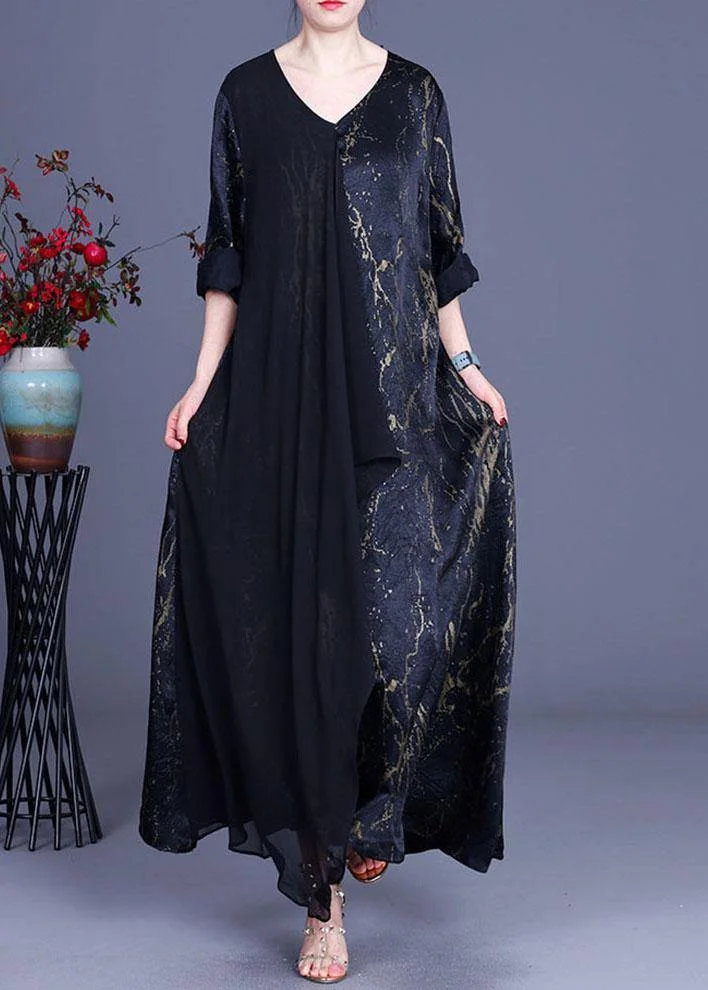 Black Print Patchwork Summer Silk Dress