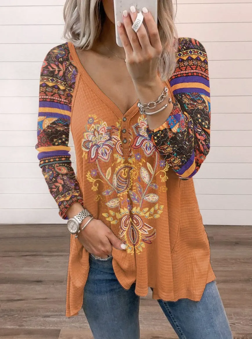 Women's V-neck Pullover Printing Long-sleeved Loosee T-shirt