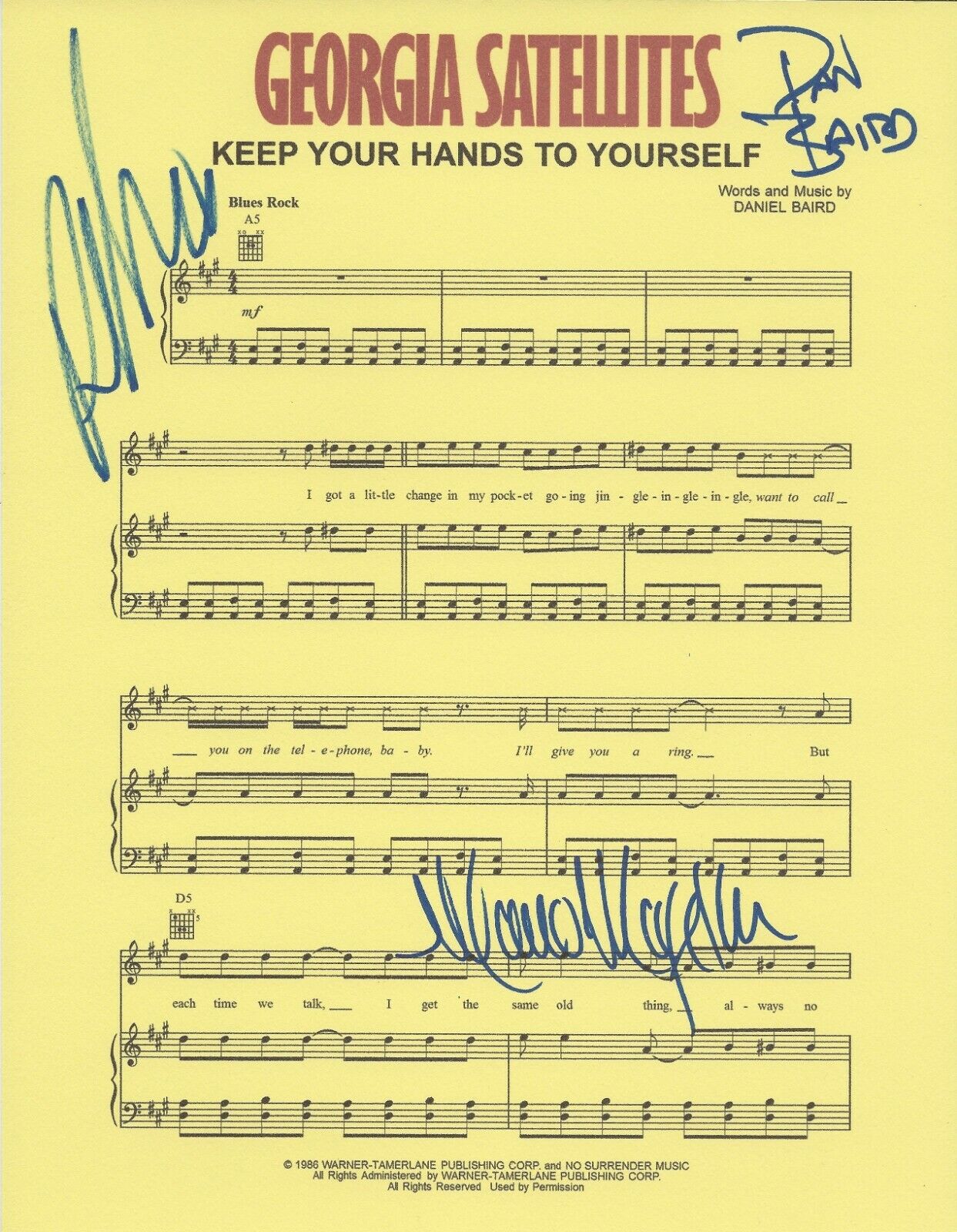 Georgia Satellites SIGNED Keep Your Hands To Yourself sheet music #3 COA 3 orig