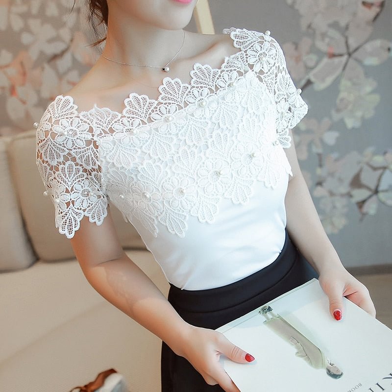 Summer Casual Sexy Women Tops And Blouses Short Sleeve Hollow Out Fashion Elegant Blouses Women Ladies Lace Patchwork Blouse 80F